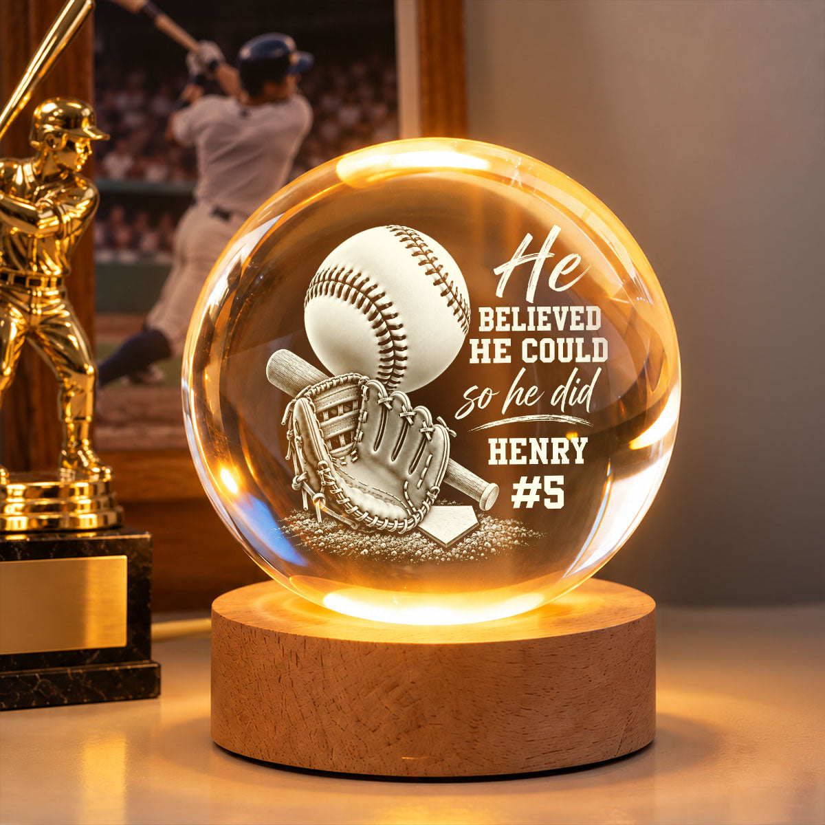 Proud Baseball Player Name And Number - Personalized Crystal Ball LED Night Light
