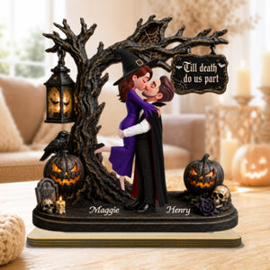 Couple Hugging Under Spooky Halloween Tree 2D Flat - Personalized 2-Layer Wooden Plaque - Tabletop Tier Tray Wicca Pagan Decor