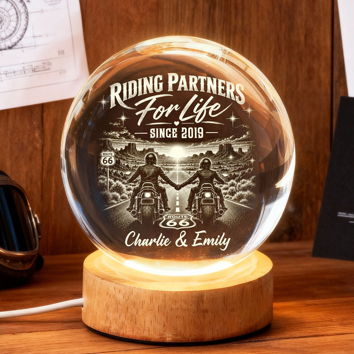 Biker Couple Riding Partners For Life - Personalized Crystal Ball LED Night Light