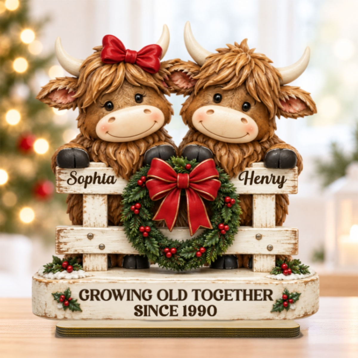 Happy Highland Cows Couple Christmas Fence personalized wooden plaque