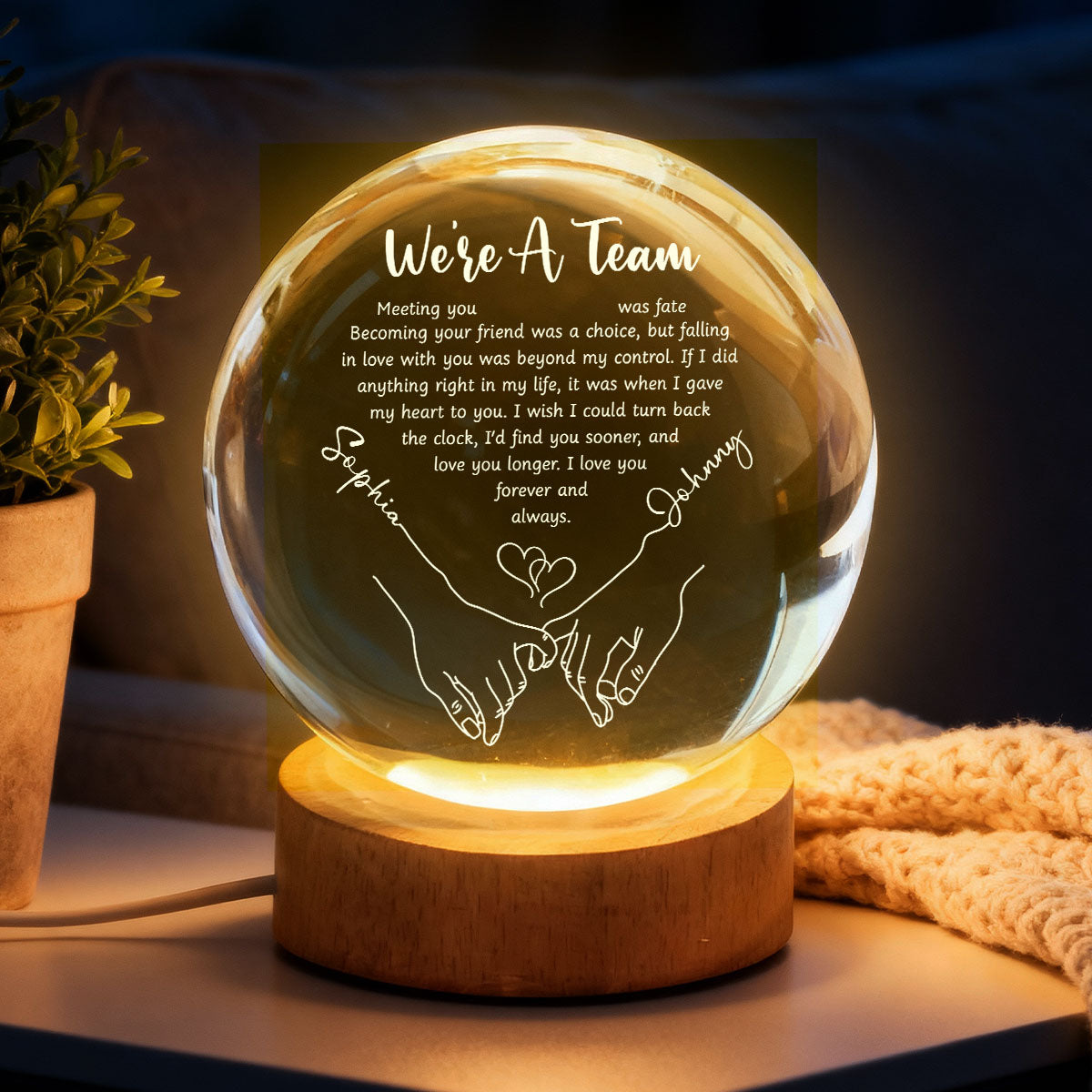 Couple Hands Interlocked We're a Team - Personalized Crystal Ball LED Night Light