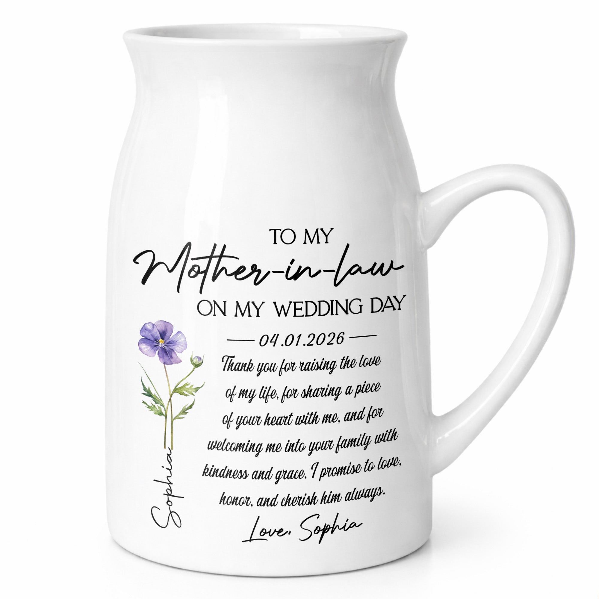 To My Mother In Law On My Wedding Day Custom Birth Month Flowers - Personalized Ceramic Flower Vase