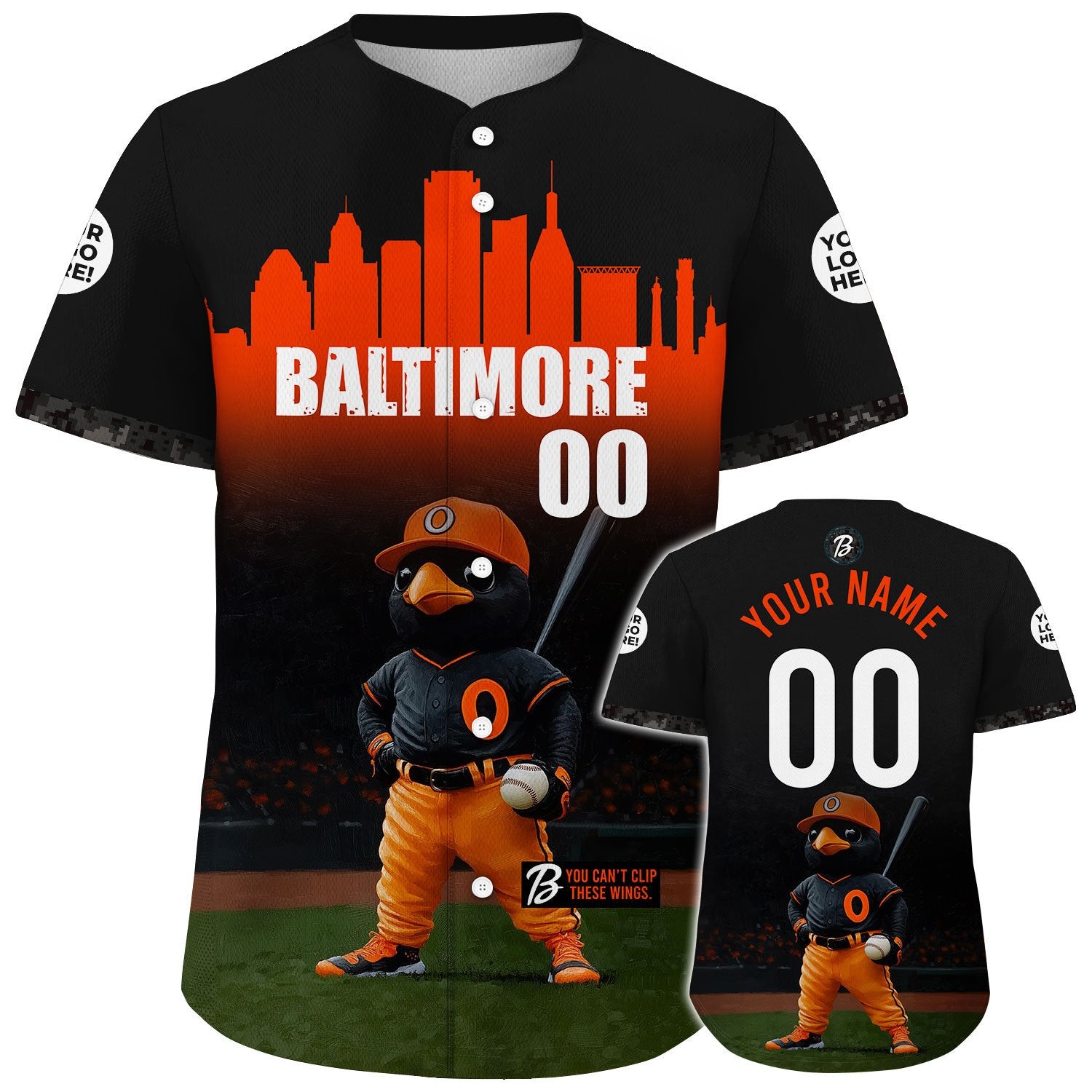 Baltimore Mascot Player City Skyline Towers At Night Custom Name Baseball Jerseys For Men & Women
