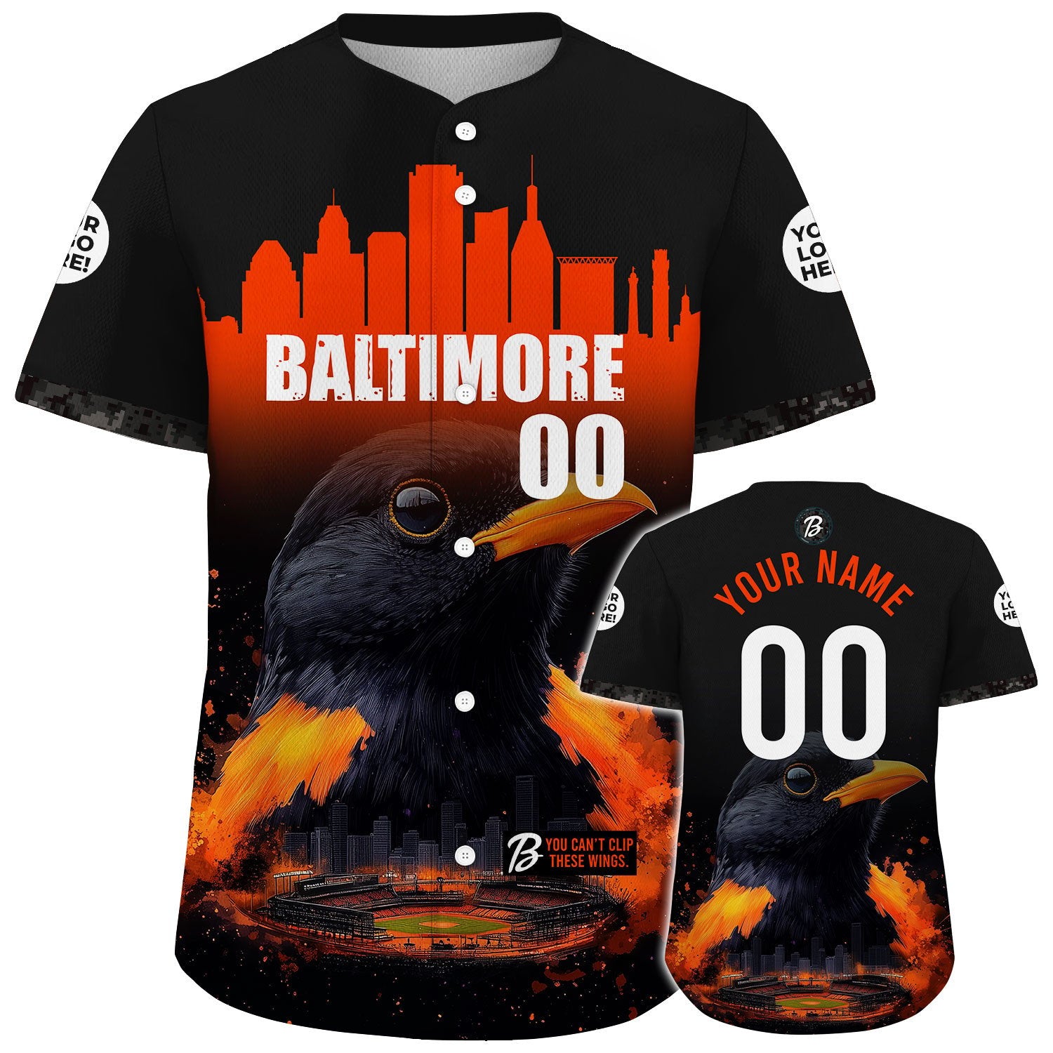 Baltimore City Skyline With Oriole Face Baseball Custom Name Baseball Jerseys For Men & Women