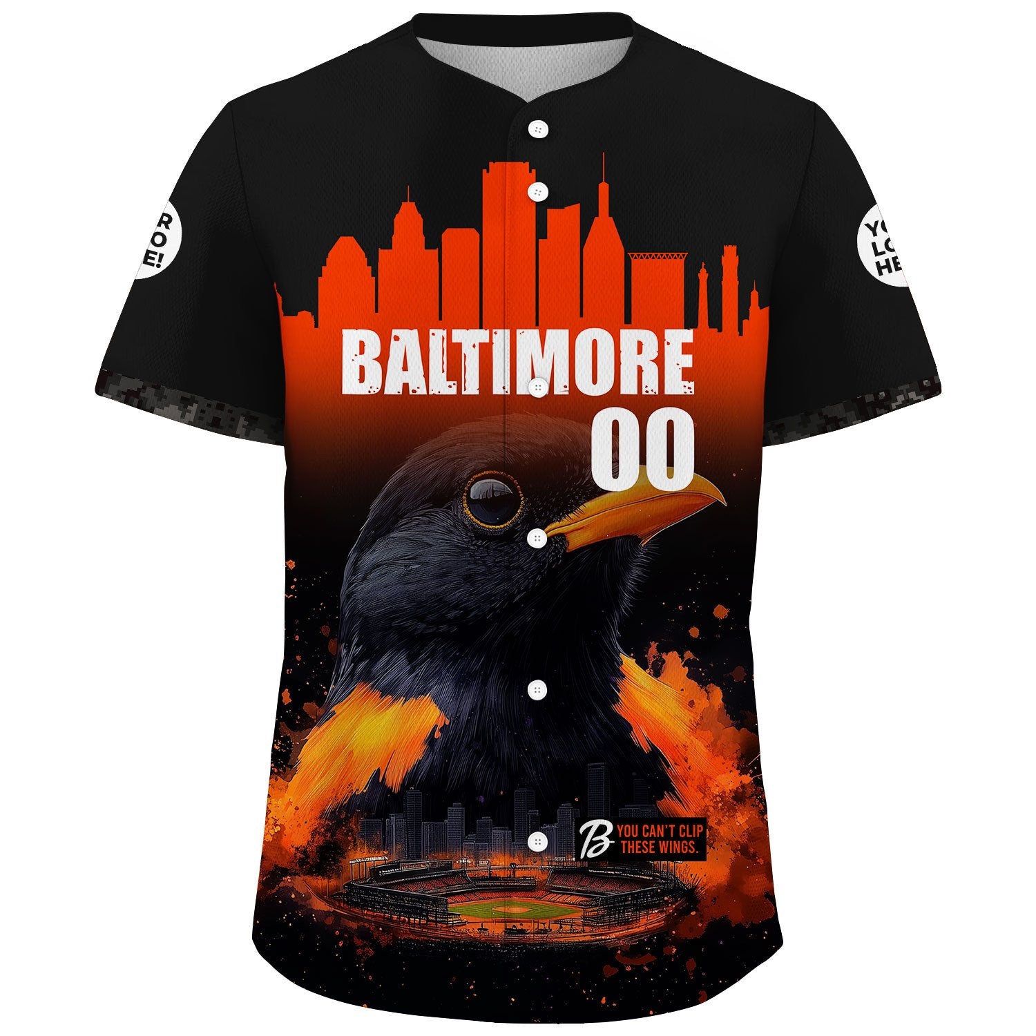 Baltimore City Skyline With Oriole Face Baseball Custom Name Baseball Jerseys For Men & Women