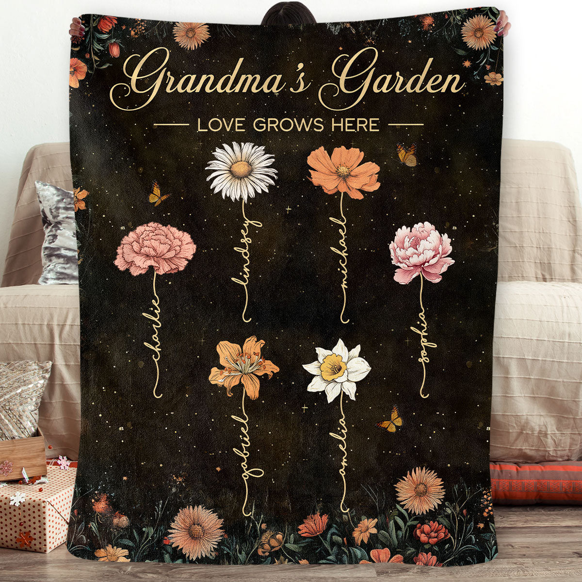 Grandma's Garden Vintage Birth Month Flower - Personalized Fleece Blanket