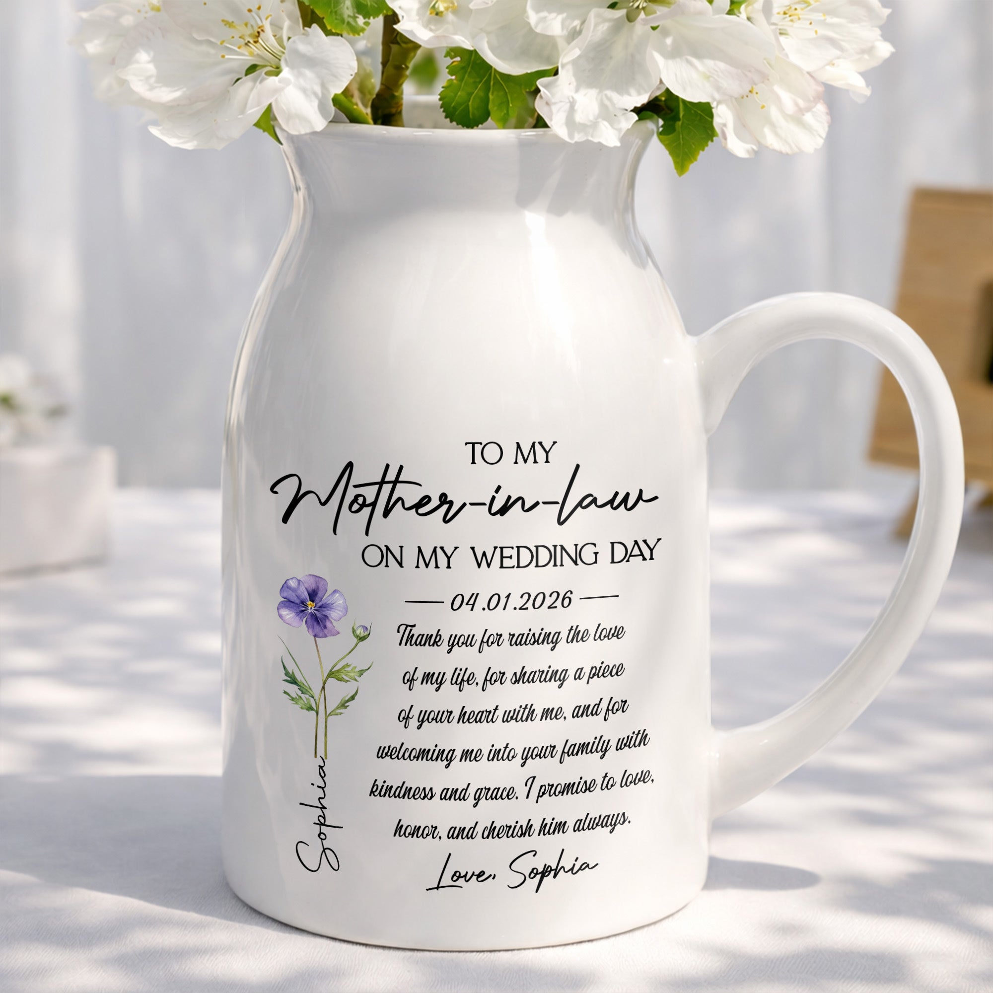 To My Mother In Law On My Wedding Day Custom Birth Month Flowers - Personalized Ceramic Flower Vase
