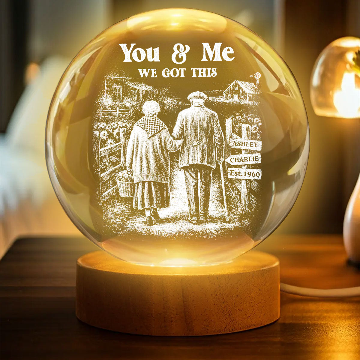 Old Couple Walking Growing Old Together - Personalized Crystal Ball LED Night Light