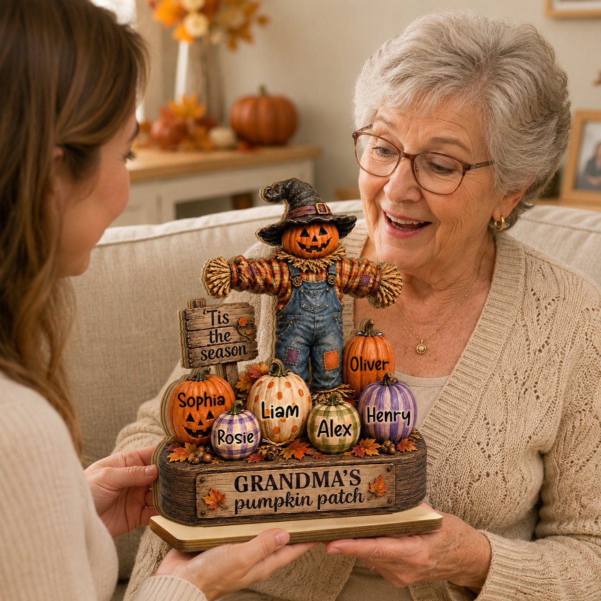 Grandma's Pumpkin Patch Scarecrow - Personalized 2-Layered Wooden Plaque - Halloween Fall Decor for Her