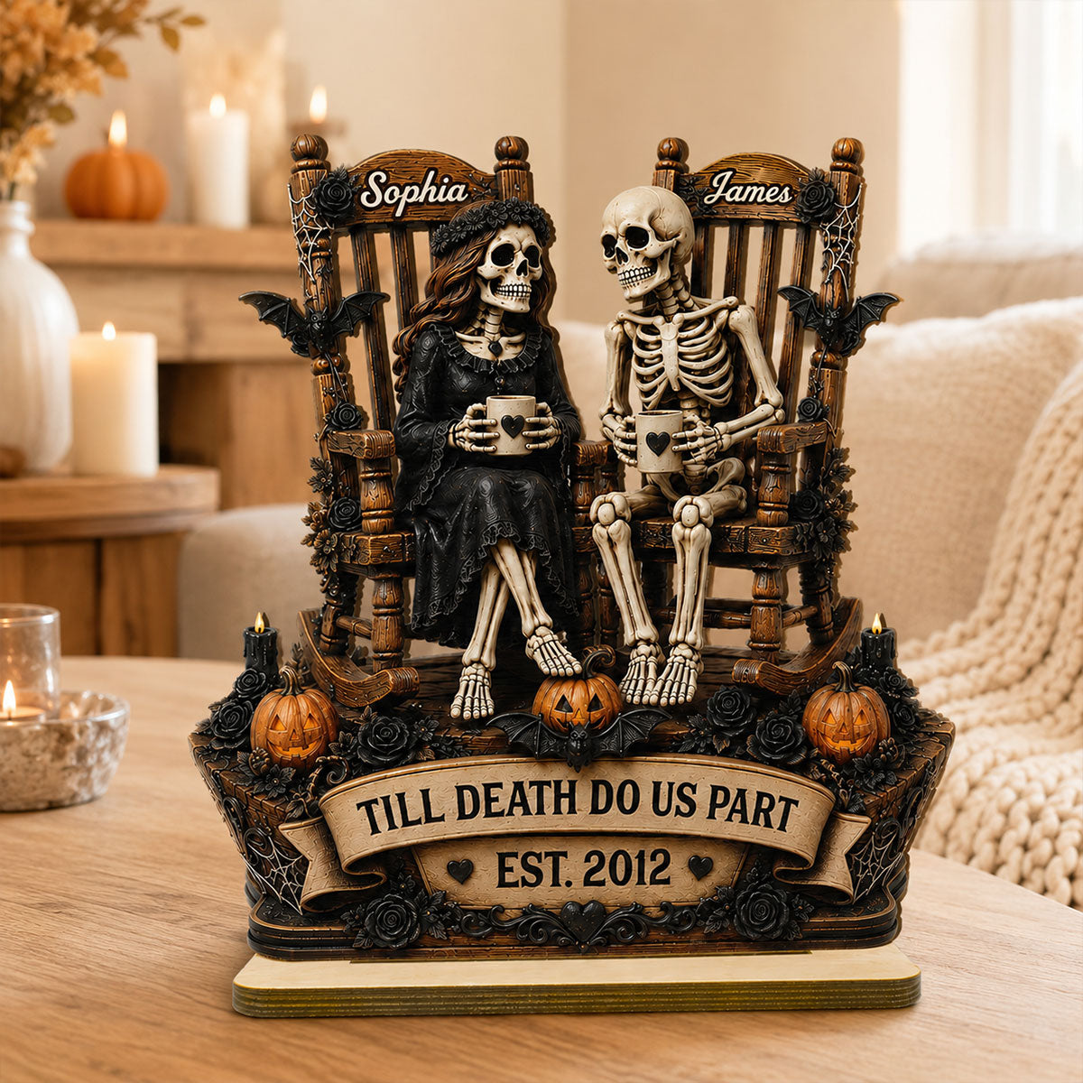 Till Death Do Us Part Skeleton Couple 2D Flat - Personalized 2-Layered Wooden Plaque - Halloween Decor For Couple