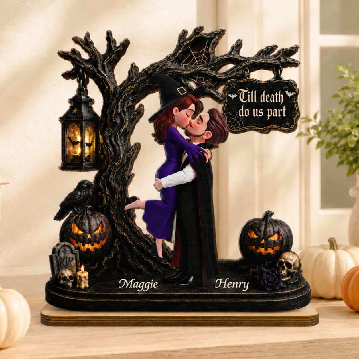 Couple Hugging Under Spooky Halloween Tree 2D Flat - Personalized 2-Layer Wooden Plaque - Tabletop Tier Tray Wicca Pagan Decor