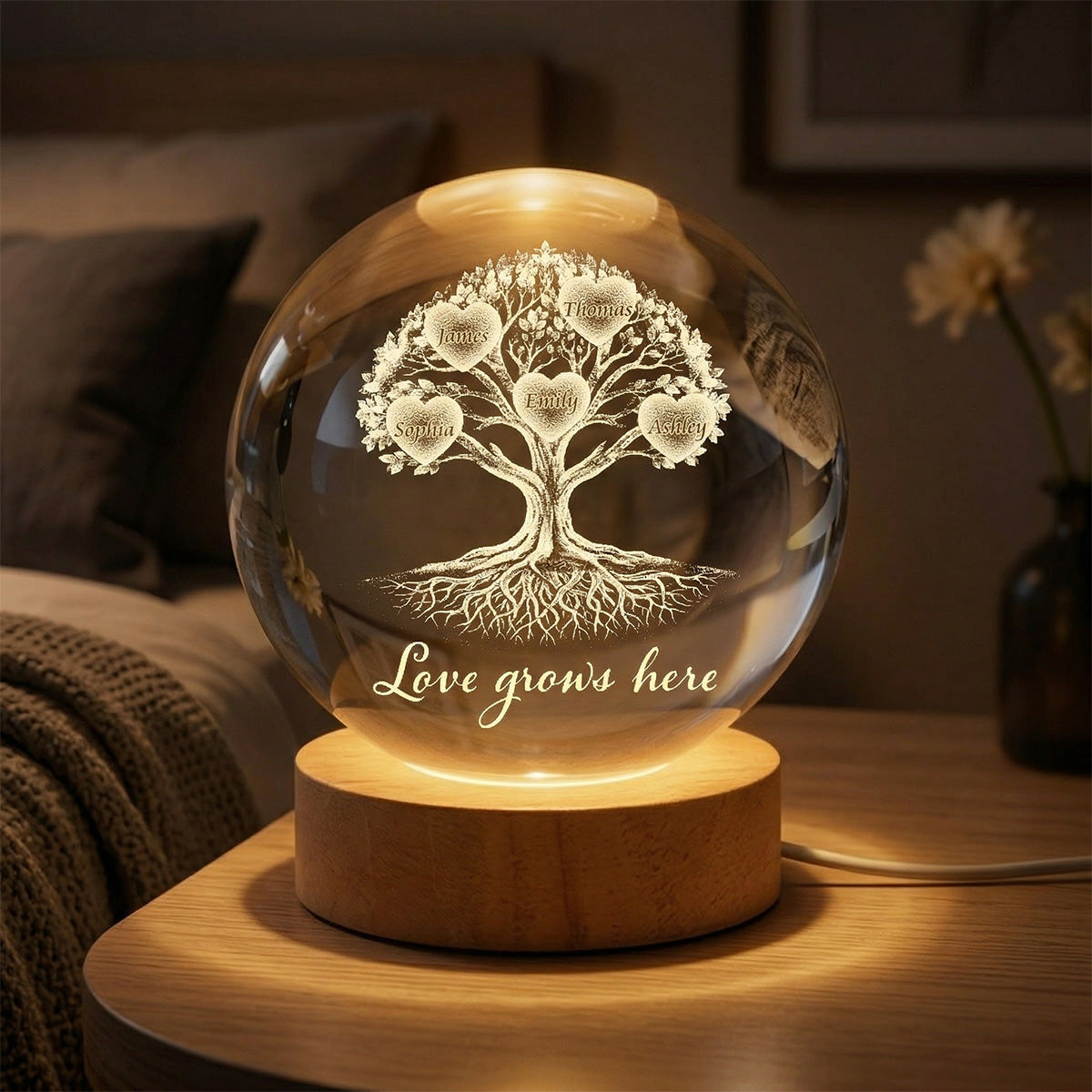 Grandkids Heart Tree Of Life - Personalized Crystal Ball LED Night Light
