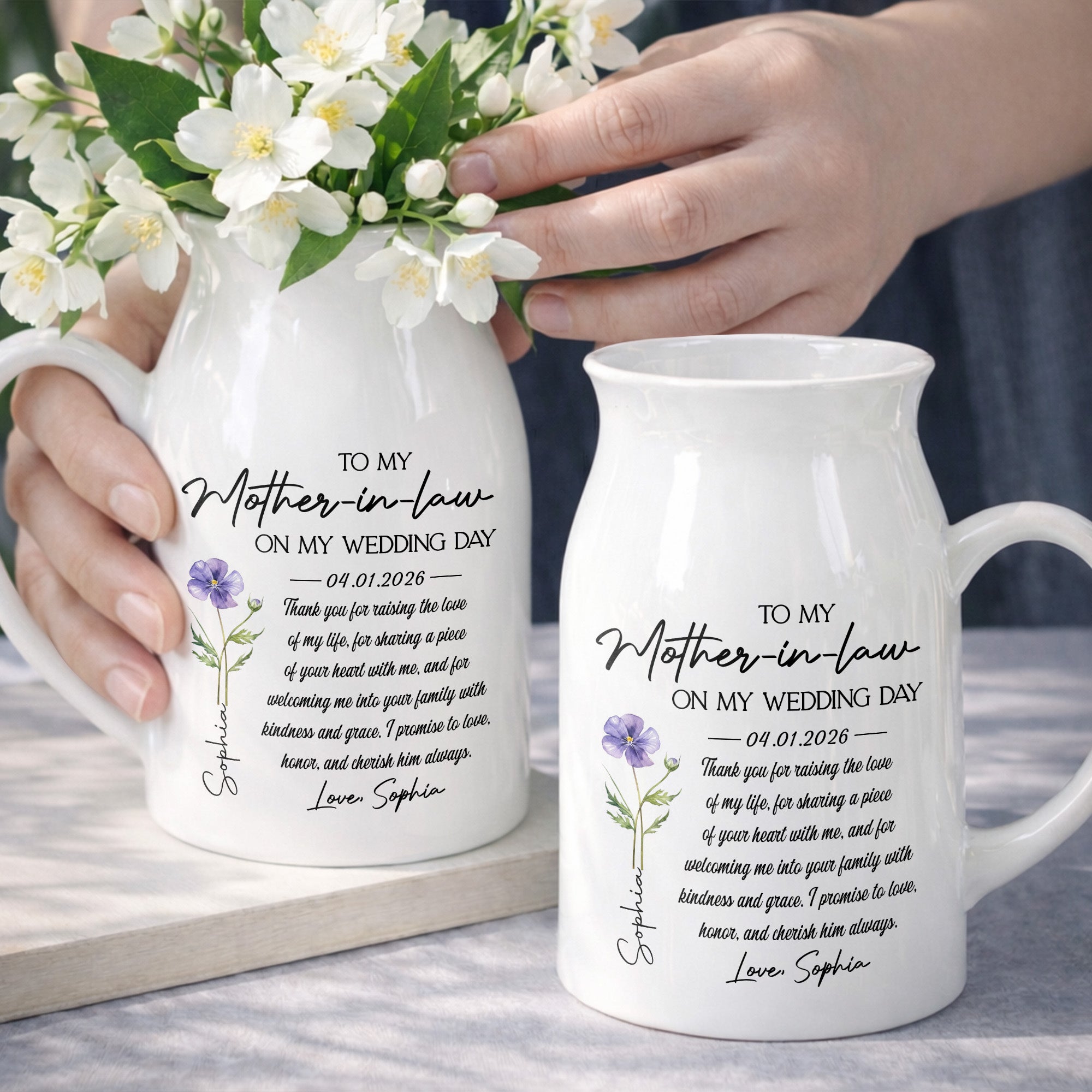 To My Mother In Law On My Wedding Day Custom Birth Month Flowers - Personalized Ceramic Flower Vase