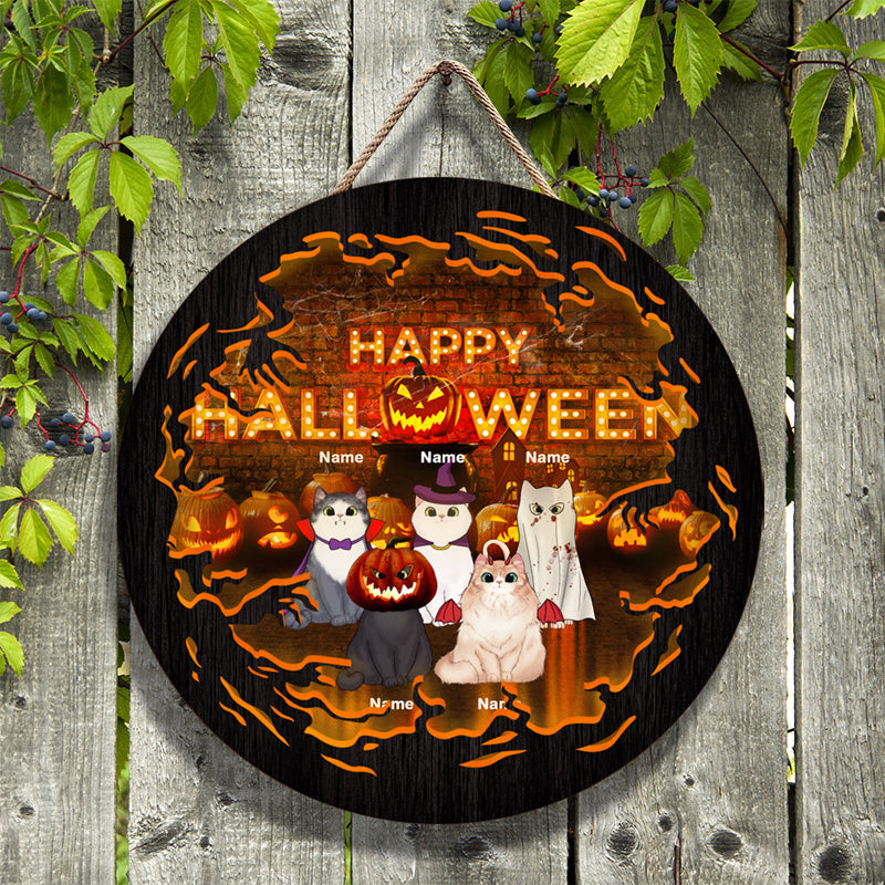Happy Halloween cats personalized round wood sign hanging outdoors
