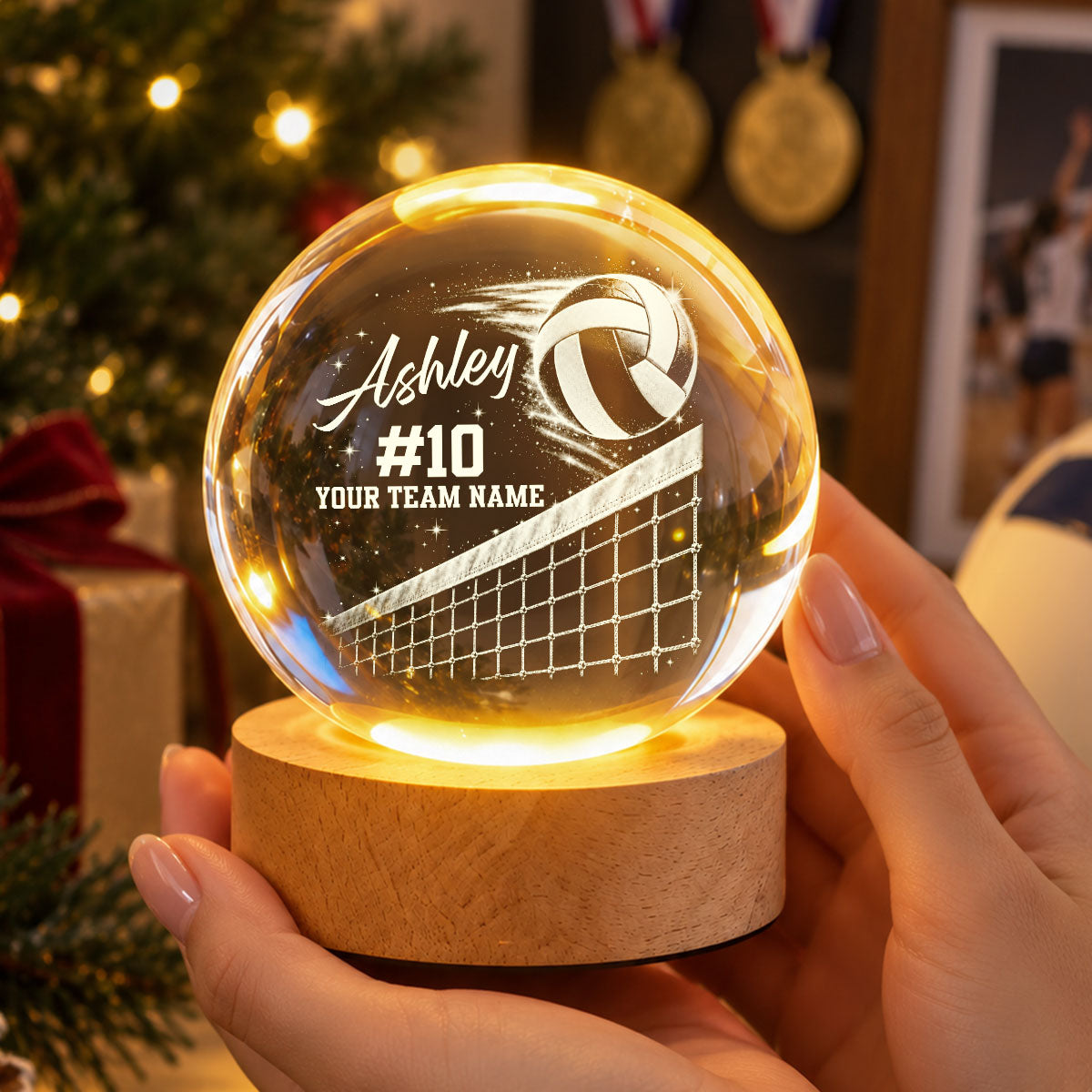 Proud Volleyball Player Custom Name Number Team Name - Personalized Crystal Ball LED Night Light