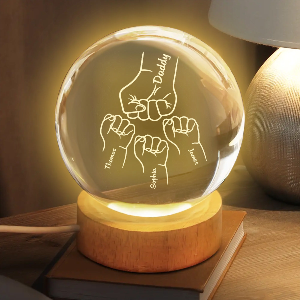 Dad Grandpa Fist Bump Custom Kids Names - Personalized Crystal Ball LED Night Light