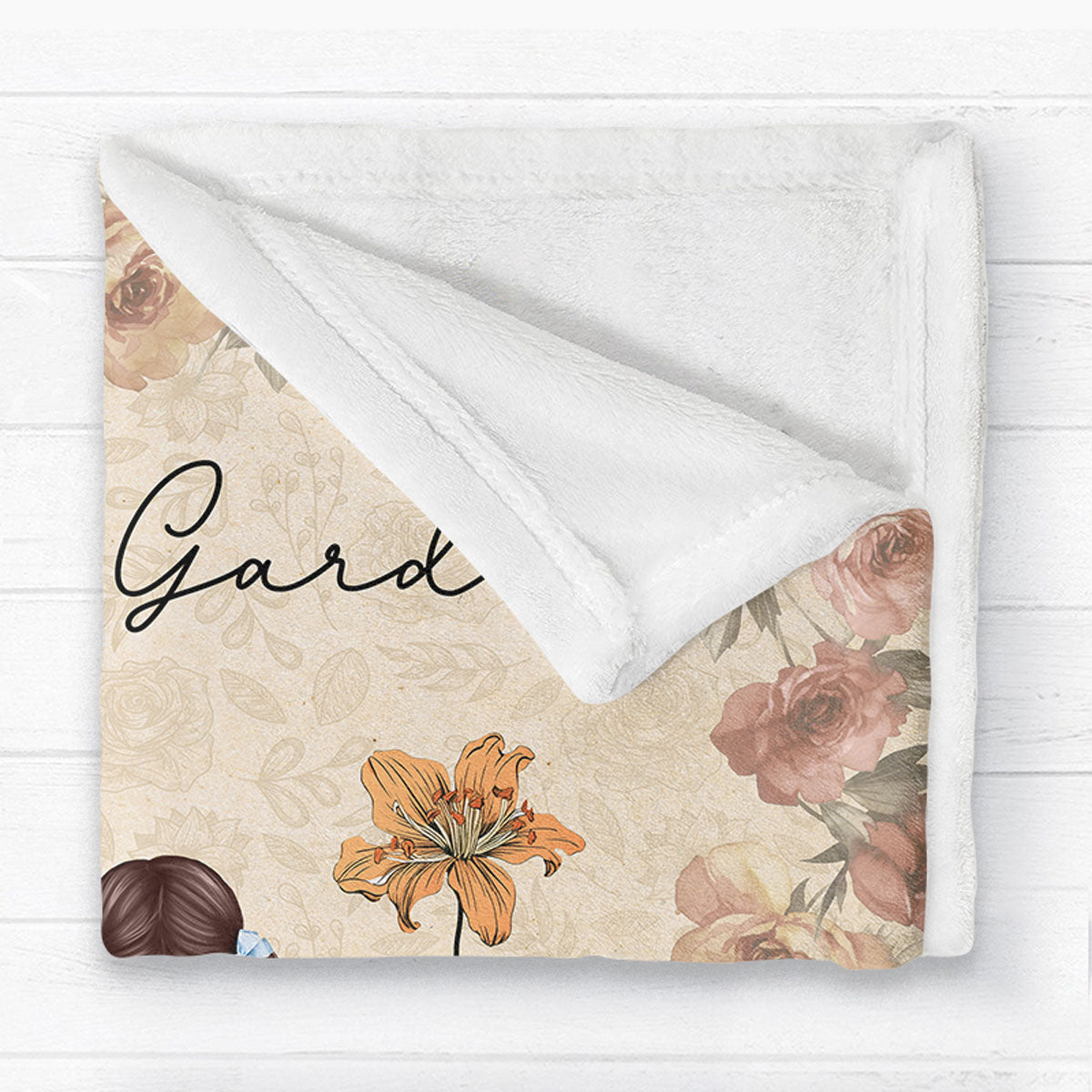 Grandkids Sitting Grandma Garden Vintage Birth Month Flowers - Personalized Fleece Blanket