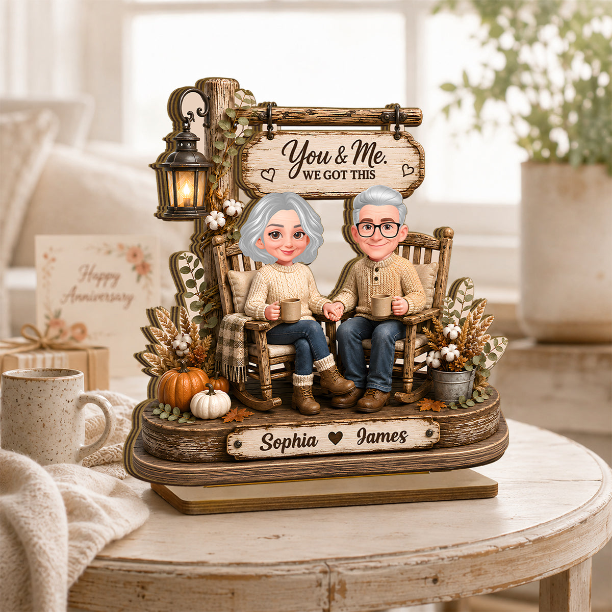 Husband Wife Sitting on Rocking Chair - Personalized 2-Layered Wooden Plaque