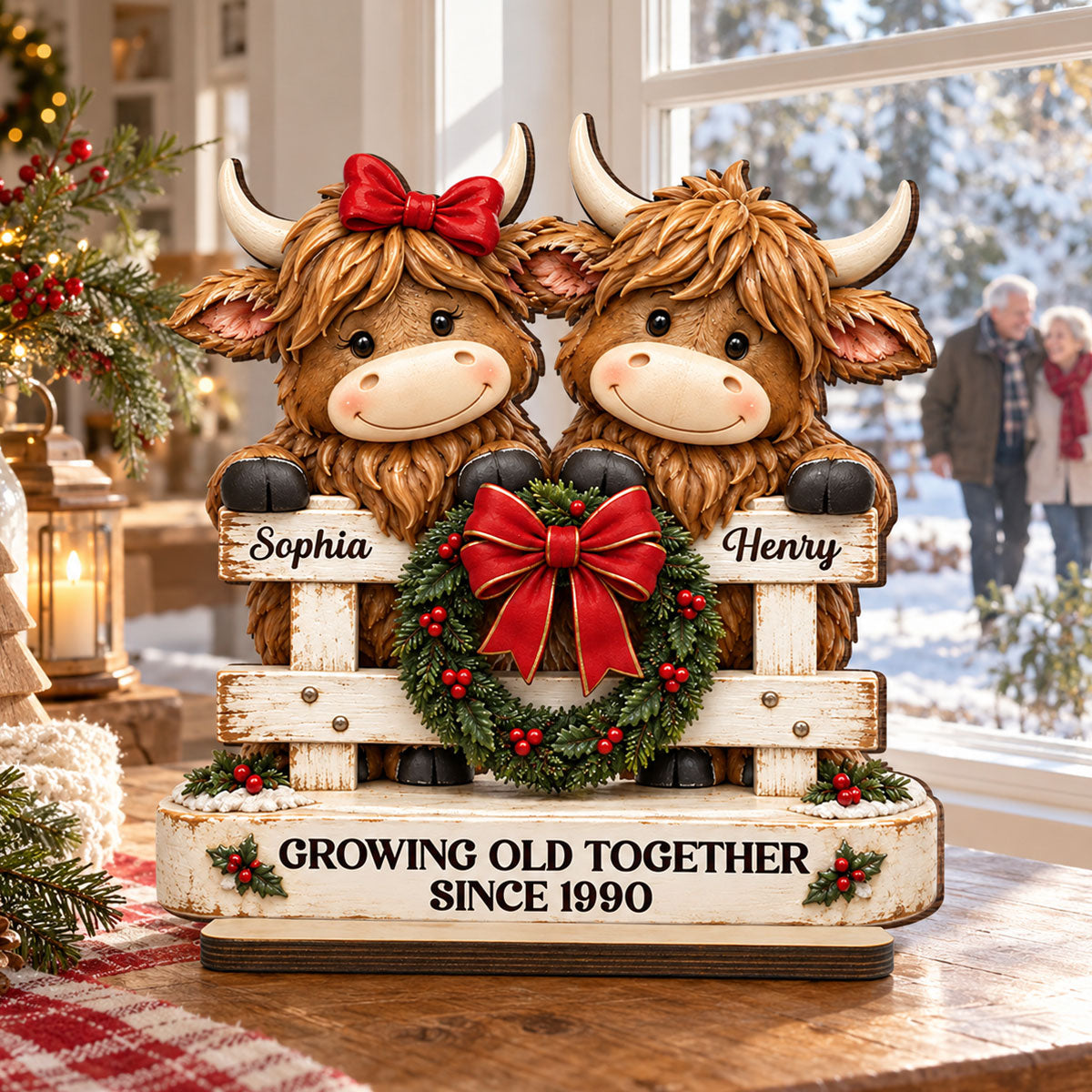 Happy Highland Cows Couple Christmas Fence personalized wooden plaque