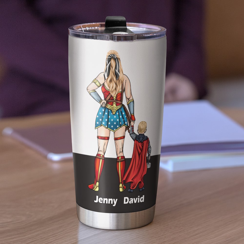 Super Mom Tumbler Cup personalized with family names