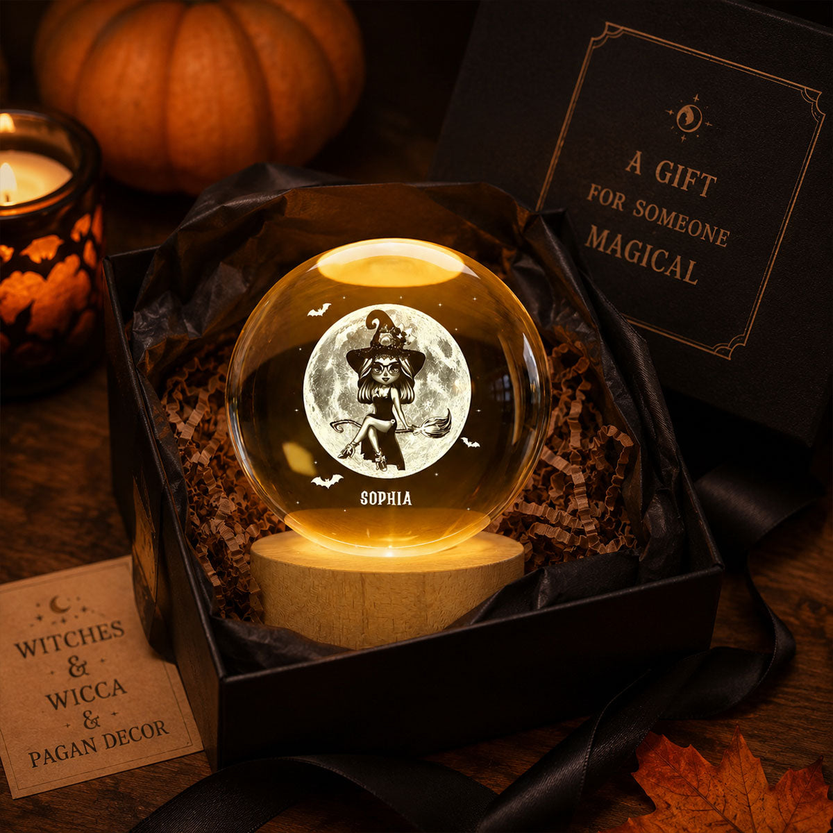 Witch On Broom Under Moon - Personalized Crystal Ball LED Night Light