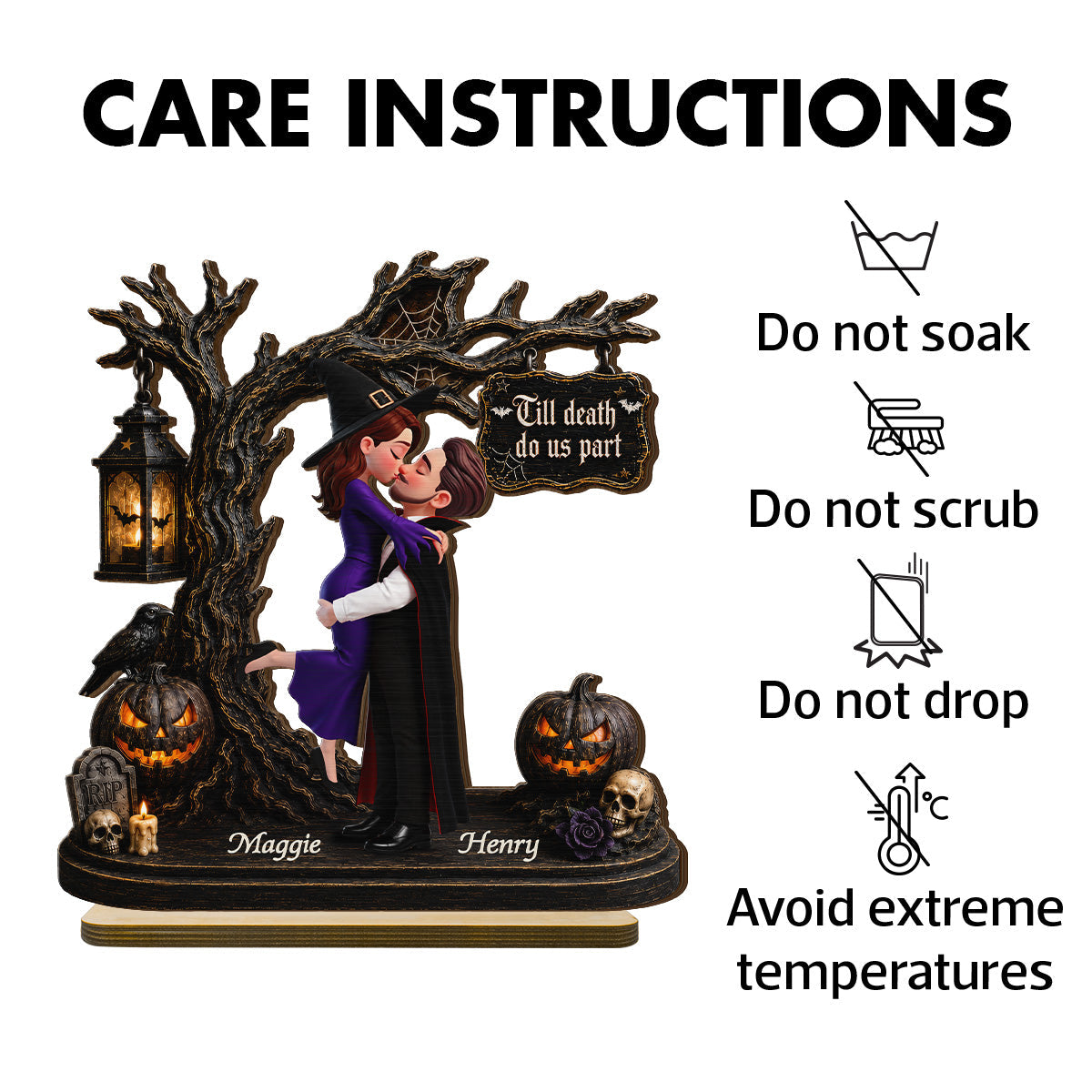 Couple Hugging Under Spooky Halloween Tree 2D Flat - Personalized 2-Layer Wooden Plaque - Tabletop Tier Tray Wicca Pagan Decor