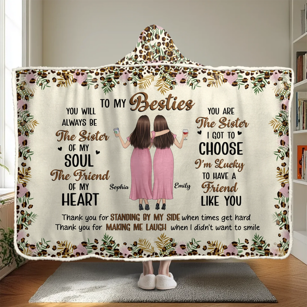 Custom Snuggle Blanket, Hoodie Blanket - Personalized Best Friend Birthday Gifts For Women, Besties, Sisters, BFF - Smiles Shine Stronger With Friends