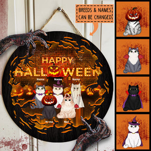 Happy Halloween Orange Scary Light Cats personalized round wood sign