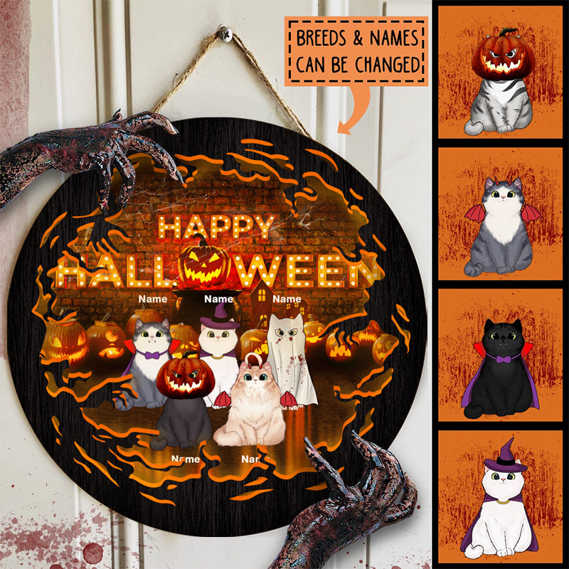 Happy Halloween Orange Scary Light Cats personalized round wood sign