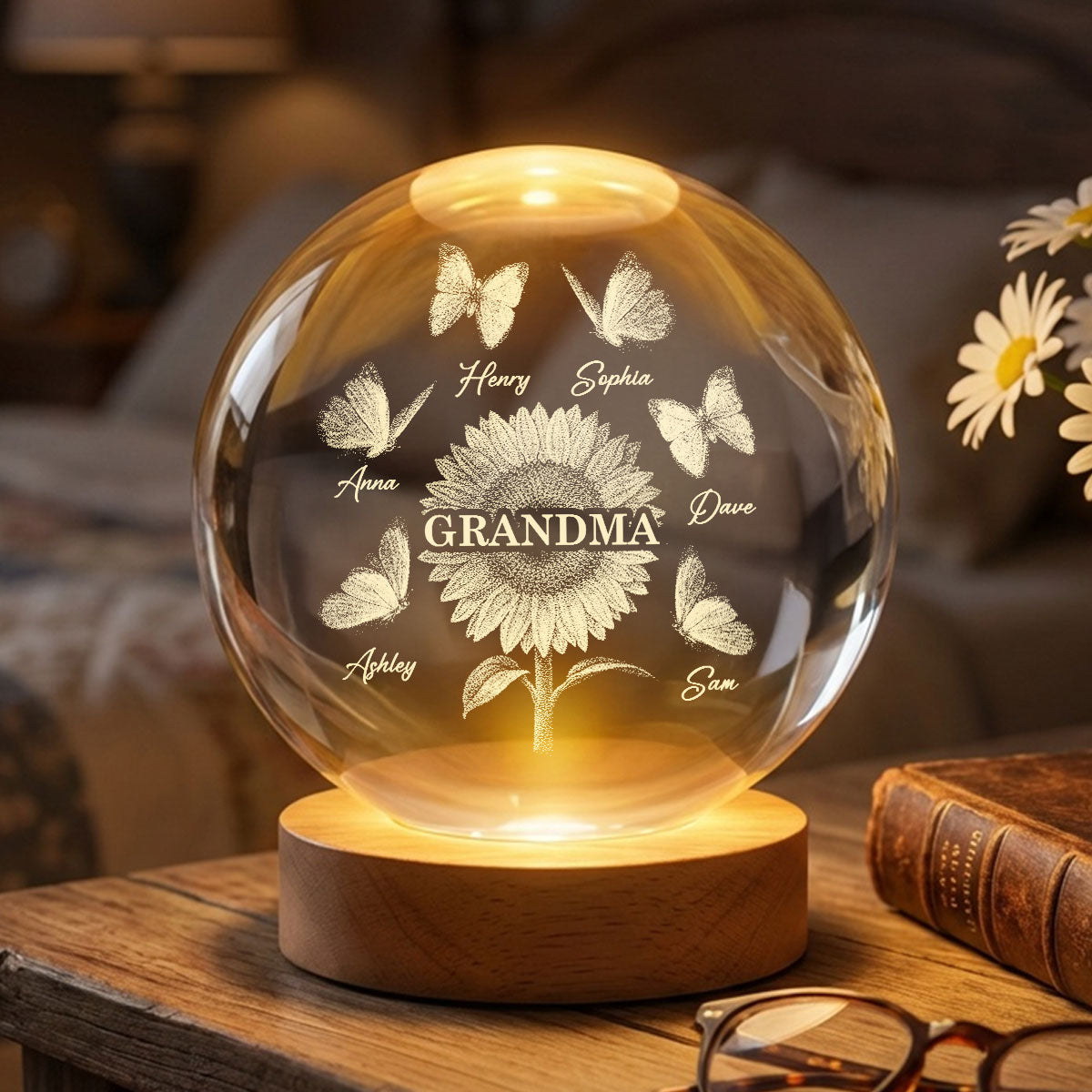 Sunflower Grandma Grandkids - Personalized Crystal Ball LED Night Light
