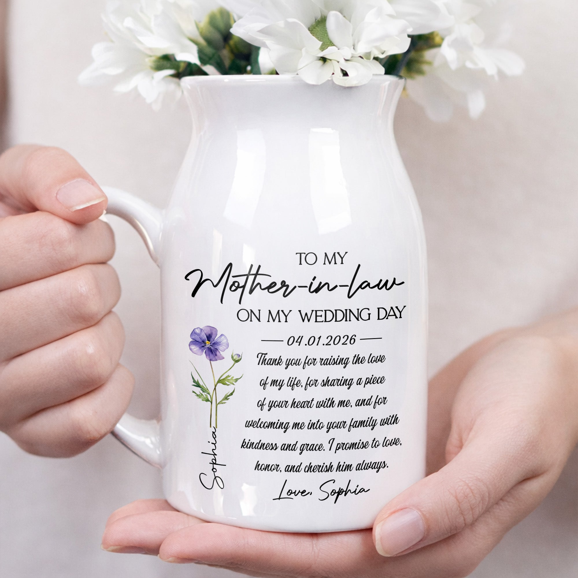 To My Mother In Law On My Wedding Day Custom Birth Month Flowers - Personalized Ceramic Flower Vase