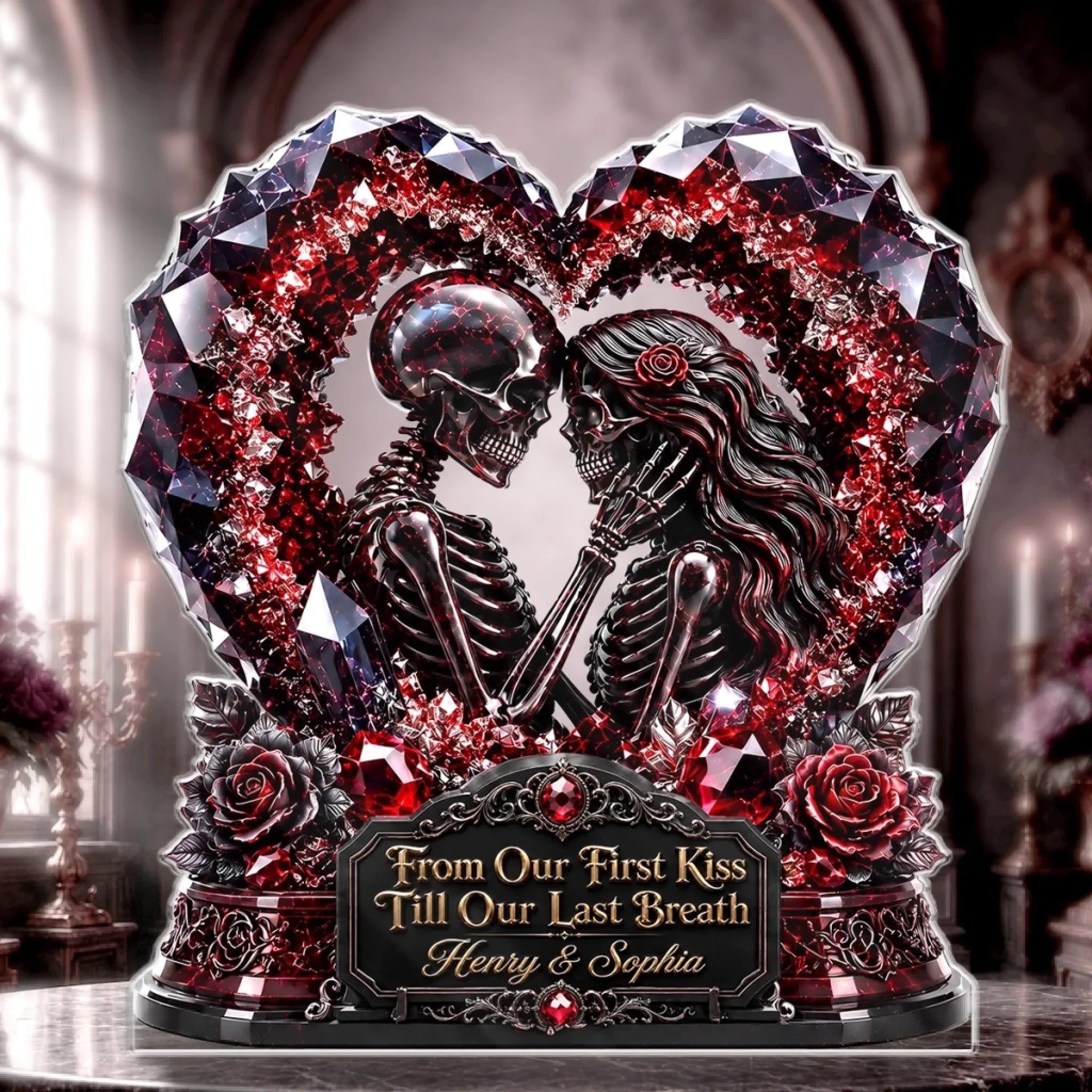 Custom Gothic Skeleton Acrylic Plaque - Personalized Halloween Decor, Anniversary Wedding Gifts For Husband And Wife, Him And Her - Our Love Story Never Dies