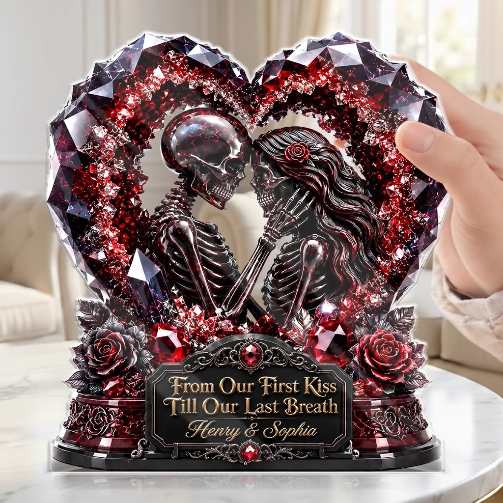Custom Gothic Skeleton Acrylic Plaque - Personalized Halloween Decor, Anniversary Wedding Gifts For Husband And Wife, Him And Her - Our Love Story Never Dies