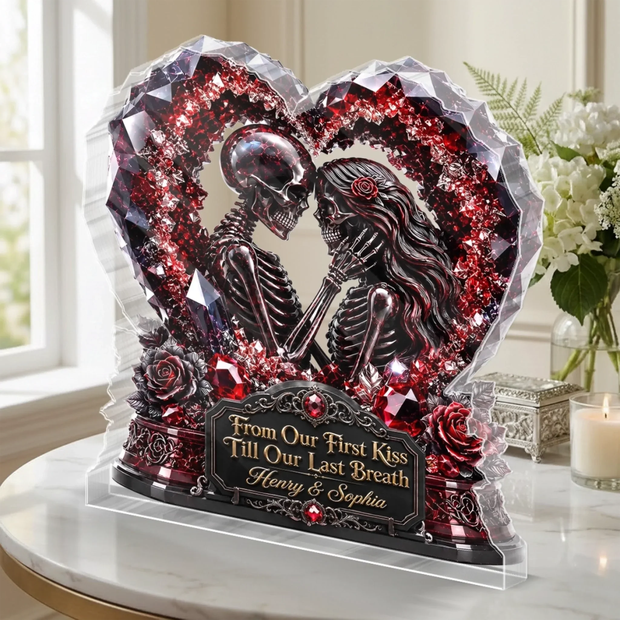 Custom Gothic Skeleton Acrylic Plaque - Personalized Halloween Decor, Anniversary Wedding Gifts For Husband And Wife, Him And Her - Our Love Story Never Dies