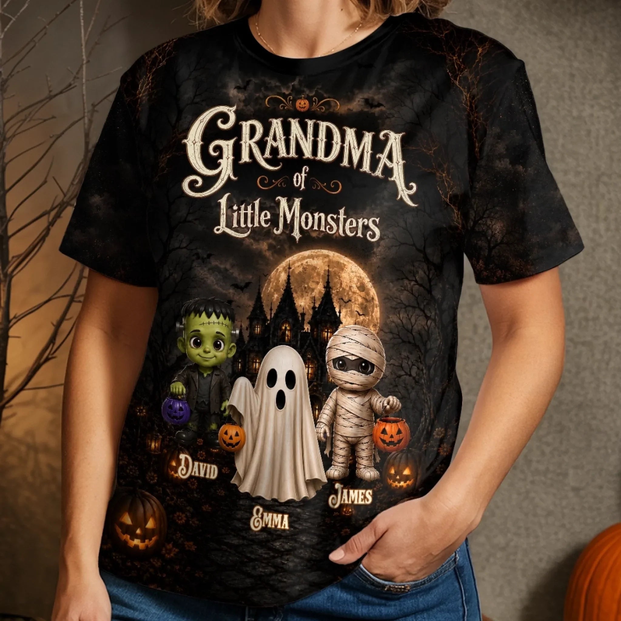 Custom Monster T-shirt - Personalized Halloween Birthday Gifts For Mom, Grandma - Grandma's Ghouls