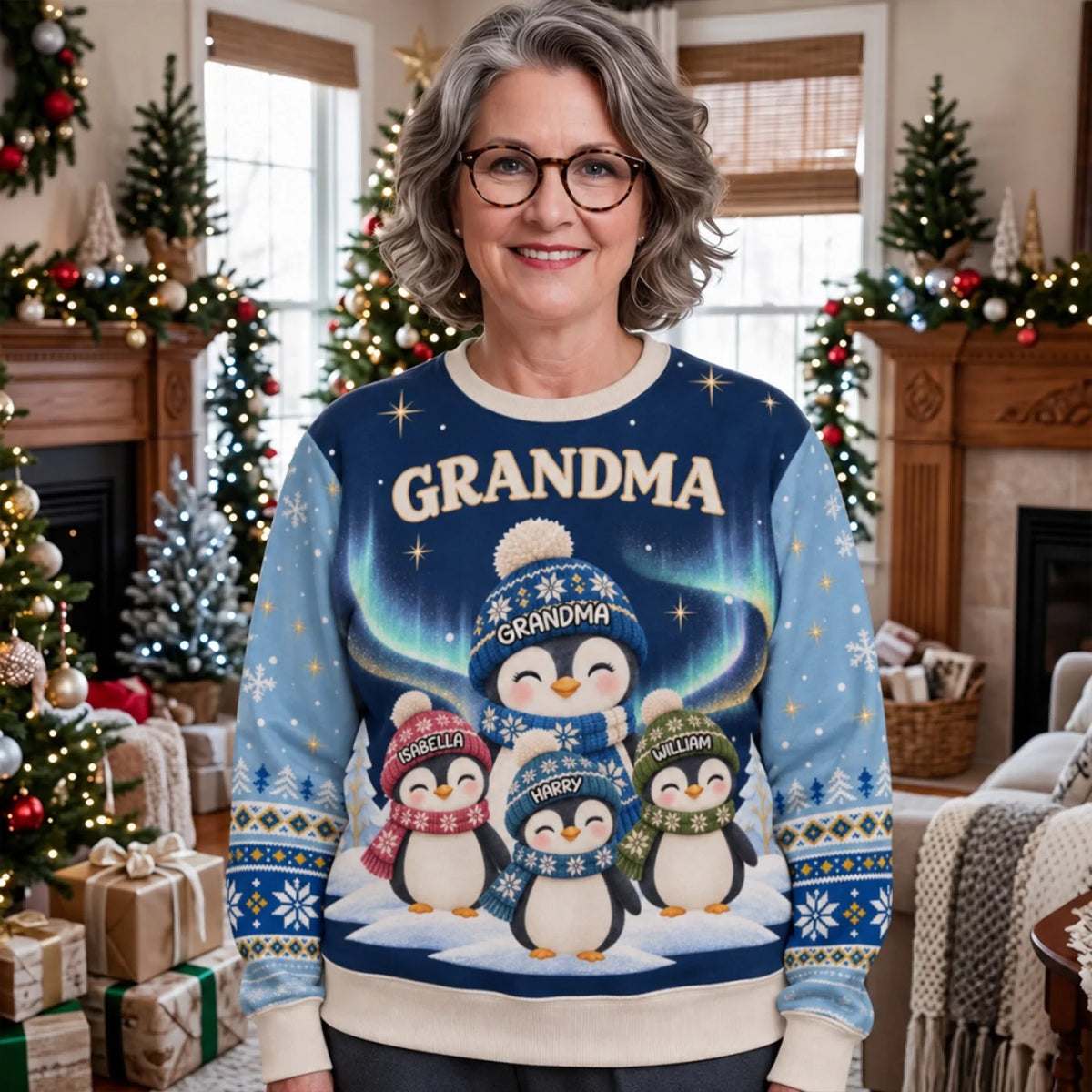 Best Grandma Penguin Ever personalized all-over-print sweatshirt