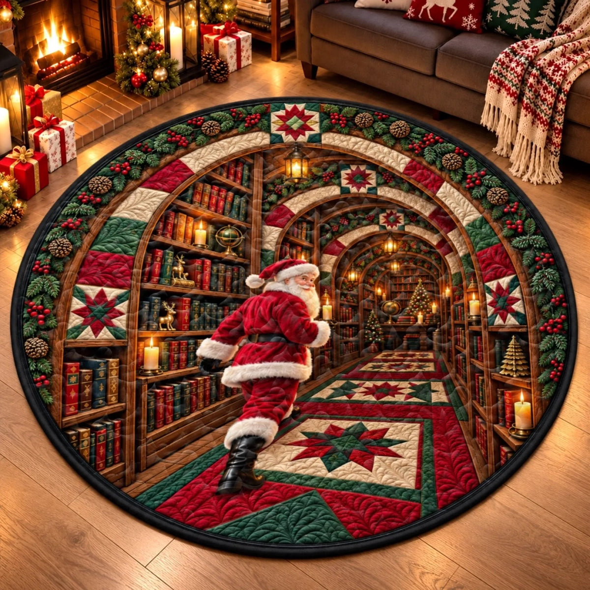 Custom Christmas Quilted Round Mat - Welcome To The Secret Library