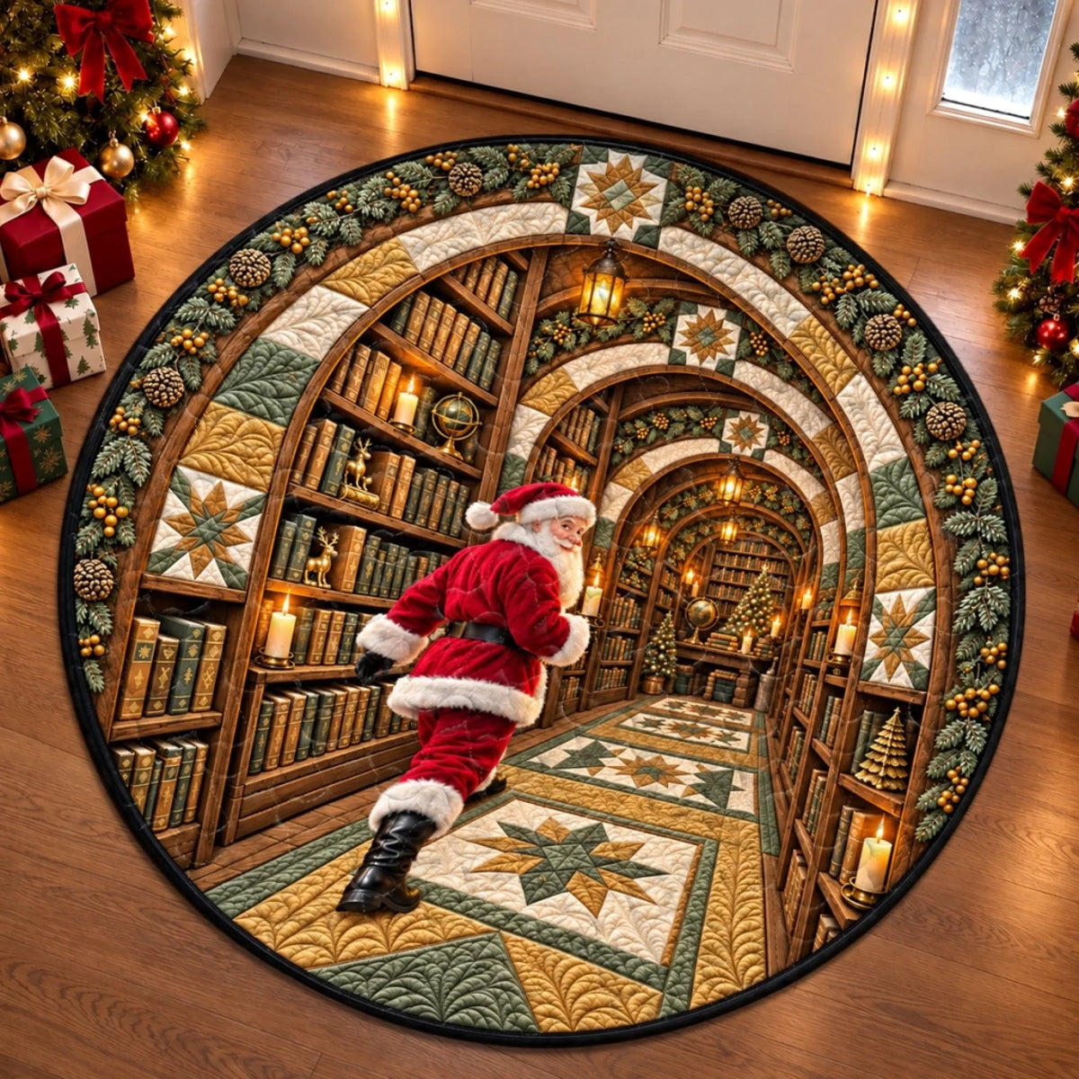 Custom Christmas Quilted Round Mat - Welcome To The Secret Library