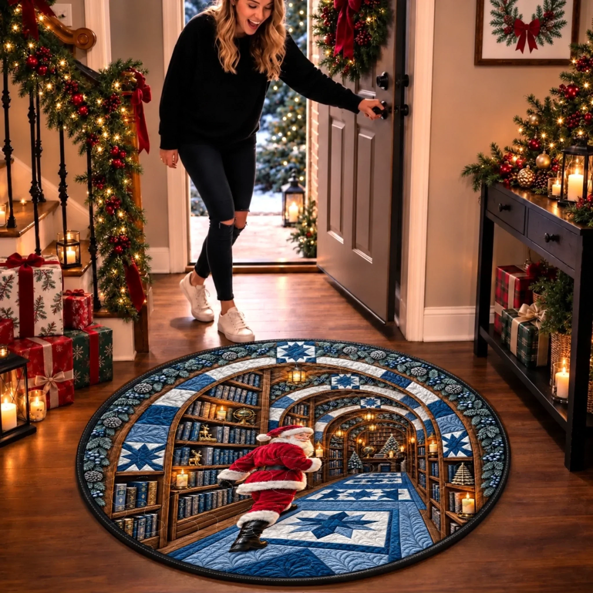 Custom Christmas Quilted Round Mat - Welcome To The Secret Library