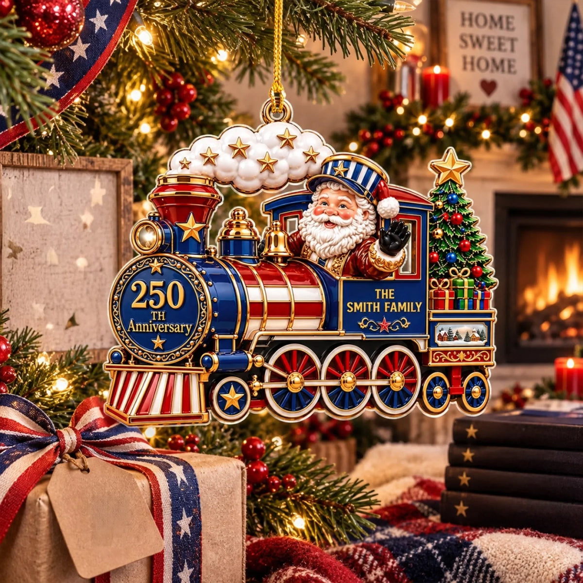 Honoring America With Family Pride acrylic ornament on the tree
