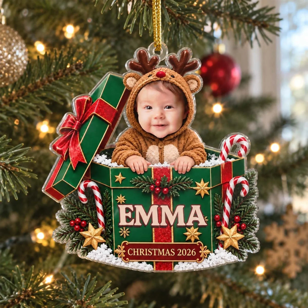 Little Hands Big Love acrylic ornament on the tree