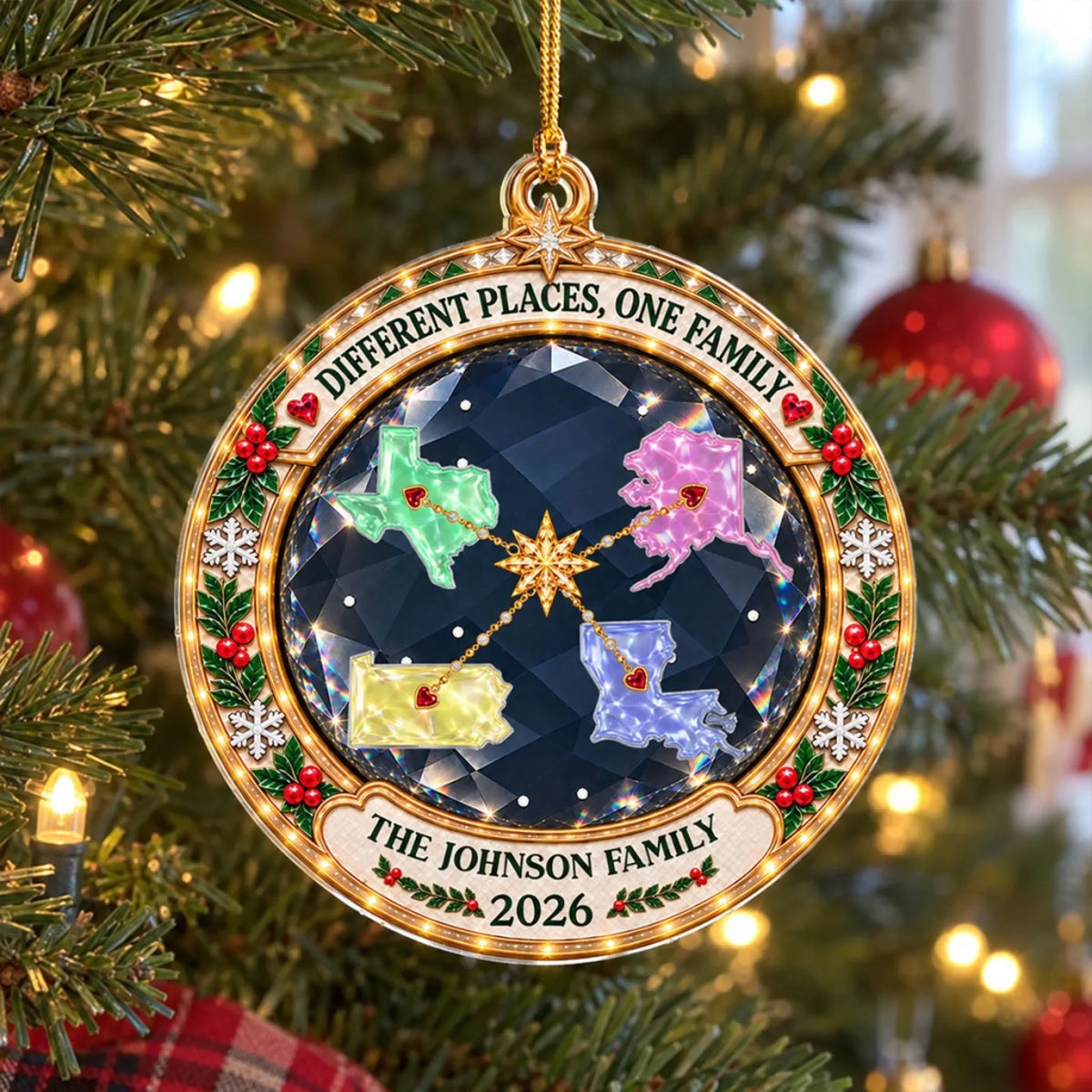 Love Keeps Us Close acrylic ornament on the tree