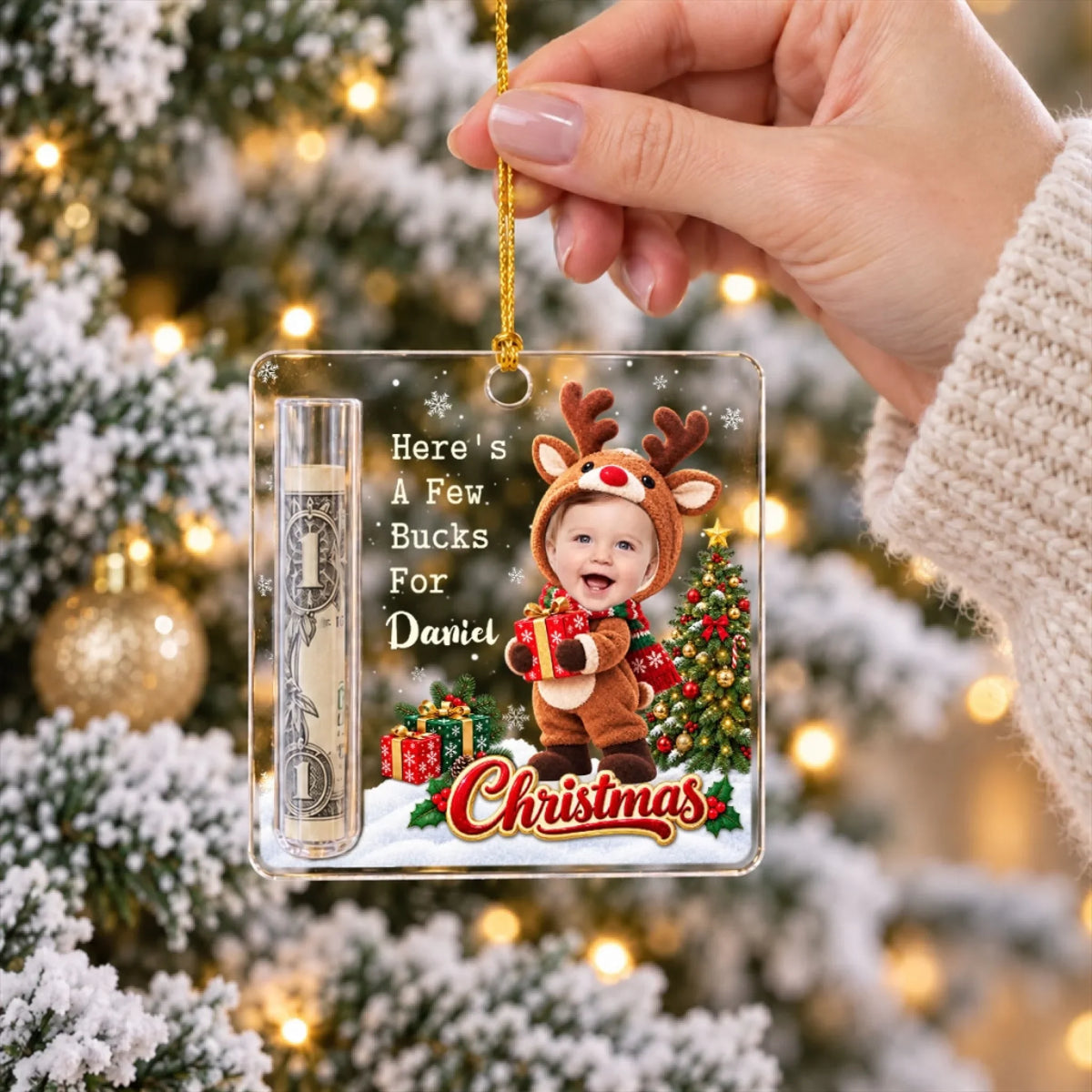 Christmas Blessing cash gift ornament on the tree