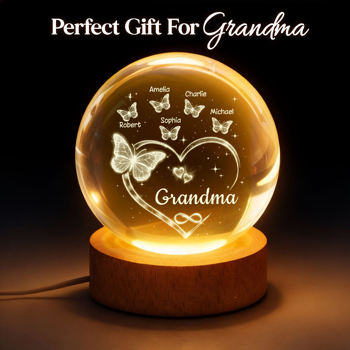 Grandma Butterfly Hearts with Grandkids' Names - Personalized Crystal Ball LED Night Light