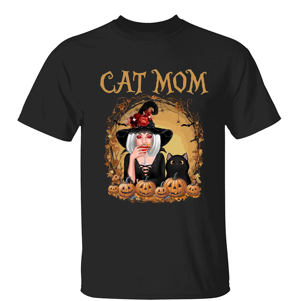 Vintage Orange Halloween Cat Mom Cat Witch - Personalized Shirt - Gift For Mom