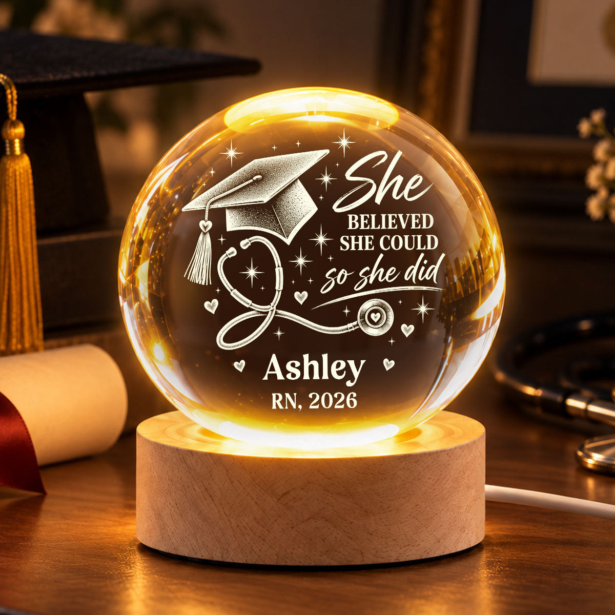 Nurse She Believed She Could So She Did - Personalized Crystal Ball LED Night Light