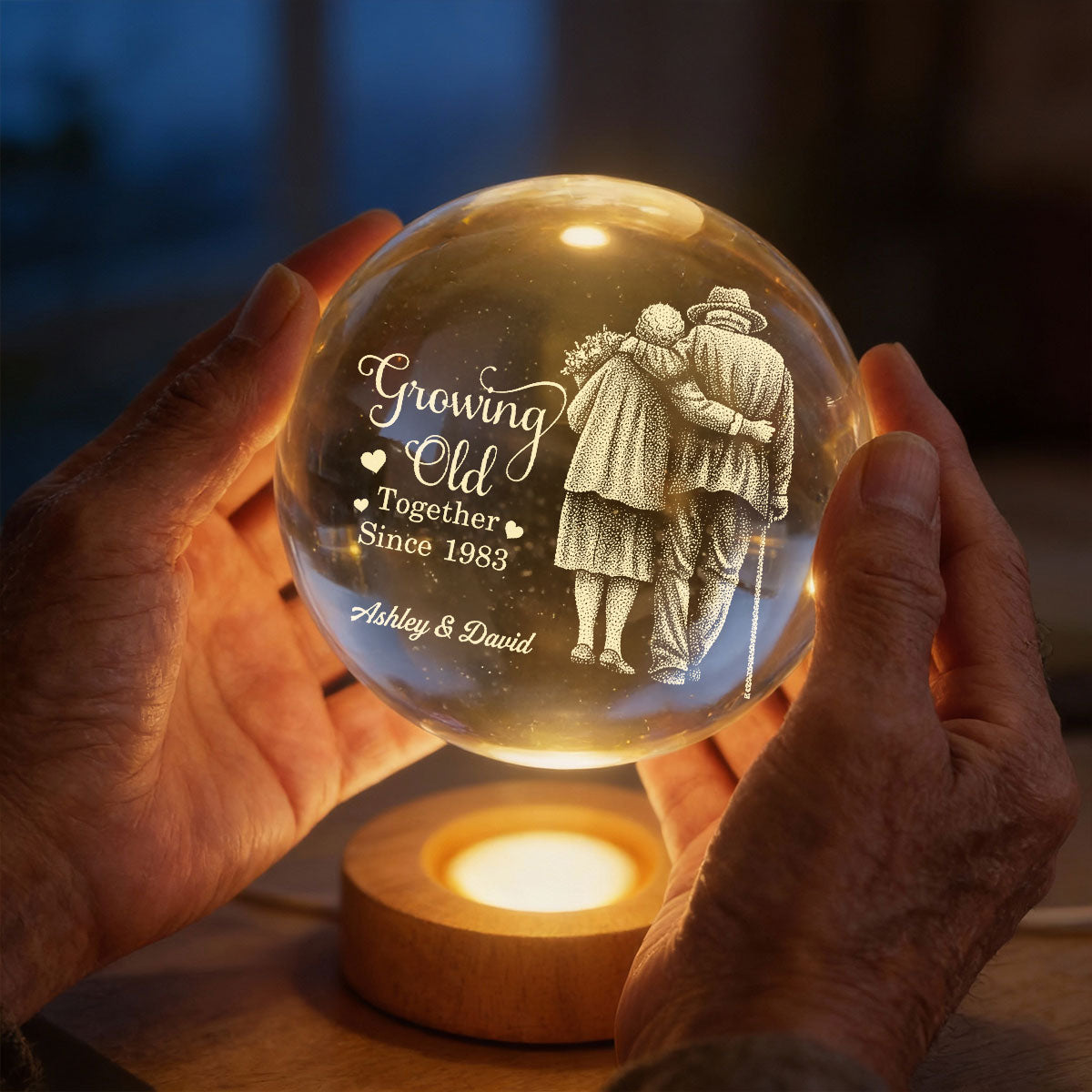 Eternal Love Old Couple Wanna Grow Old With You - Personalized Crystal Ball LED Night Light