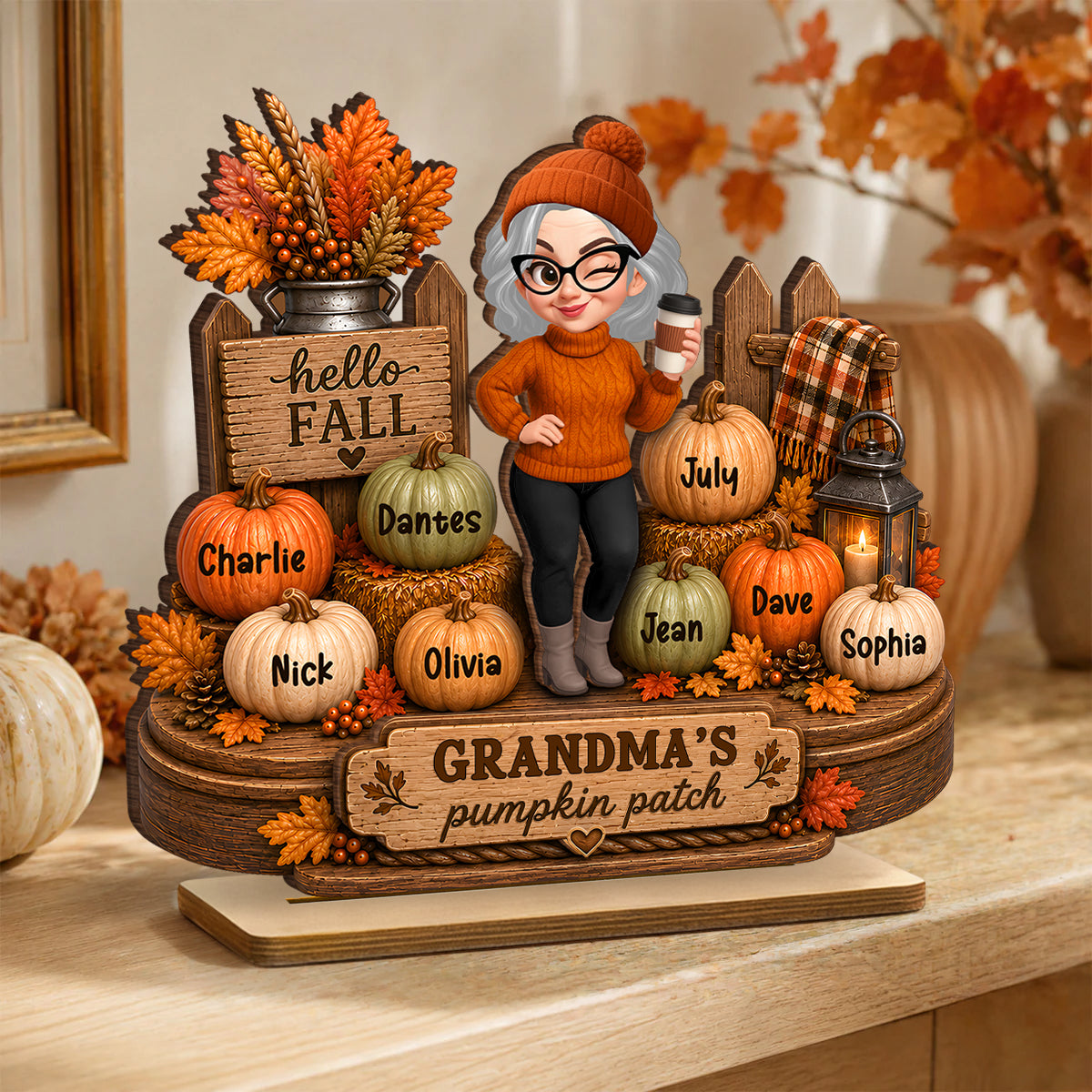 Hello Fall Grandma's Pumpkin Patch - Personalized 2-Layered Wooden Plaque - Cozy Fall Decor for Grandma