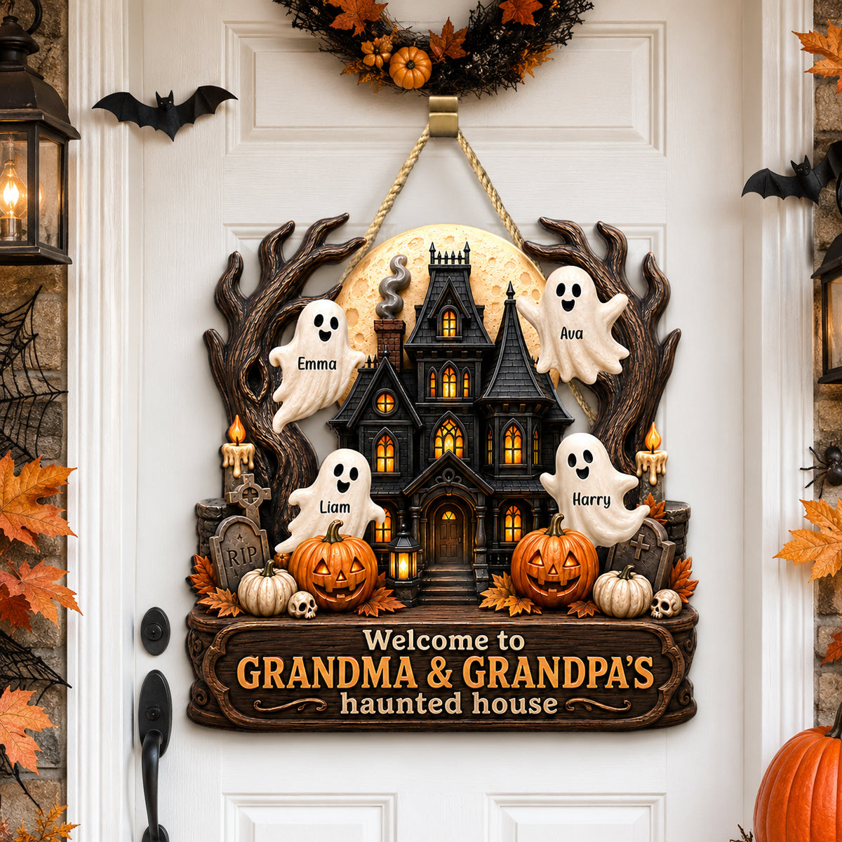 Grandma Grandpa's Halloween haunted house personalized door sign