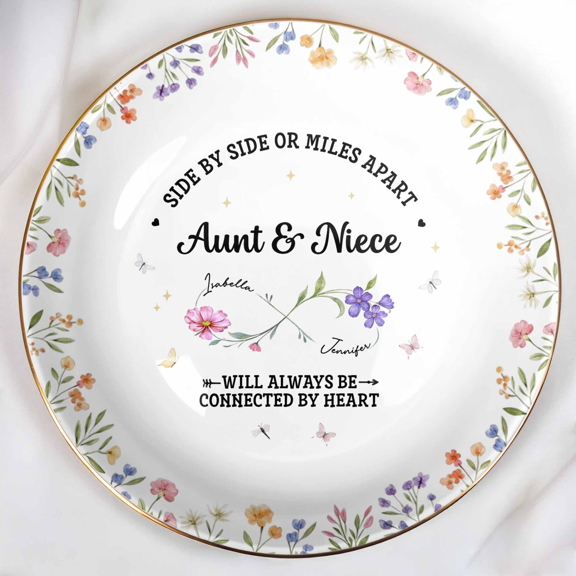 Side By Side Or Miles Apart, Aunt & Niece, Flowers - Personalized Custom Jewelry Dish, Ceramic Dish, Round Shape - AUNT004_RCRF
